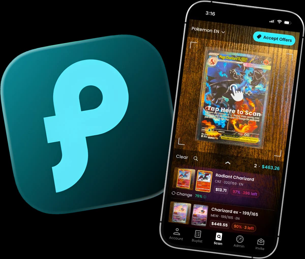 The Phynite app icon, and the app scanning a card and offering a price for it
